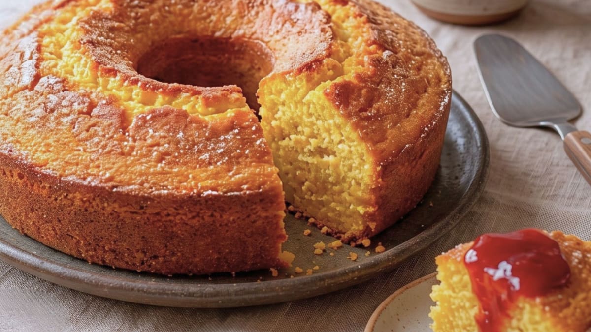 Imagem ilustrativa da receita BOLO DE MILHO VERDE COM MILHARINA E CALDA DE GOIABADA