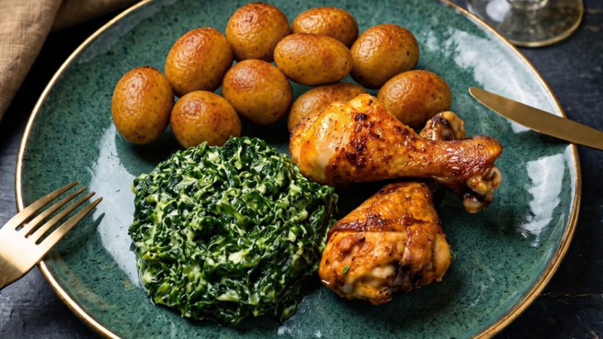 Imagem ilustrativa da receita COXAS DE FRANGO ASSADAS COM ESPINAFRE CREMOSO