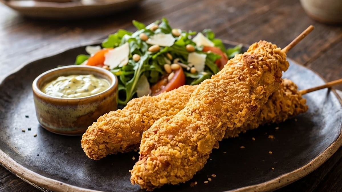 Imagem ilustrativa da receita ESPETINHO DE FRANGO EMPANADO, SEM TRIGO E SEM FRITAR