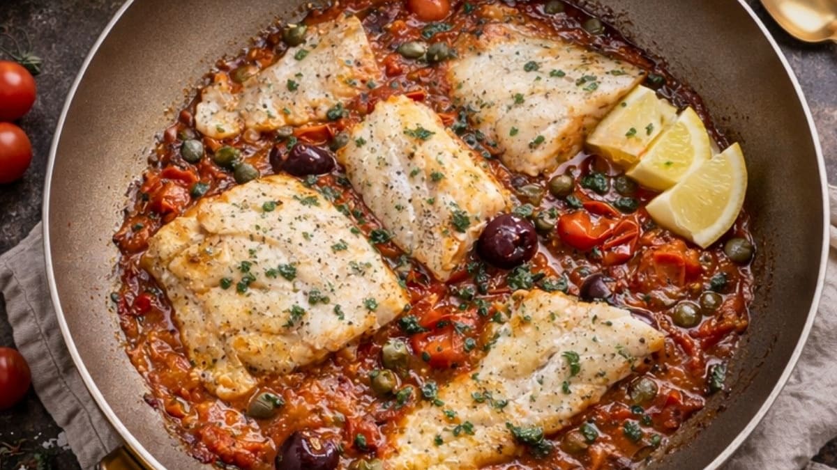 Imagem ilustrativa da receita FILÉ DE PEIXE AO MOLHO DE TOMATE, AZEITONAS E ALCAPARRAS