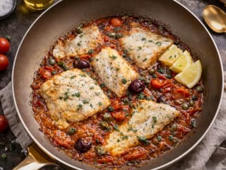 Imagem ilustrativa da receita FILÉ DE PEIXE AO MOLHO DE TOMATE, AZEITONAS E ALCAPARRAS