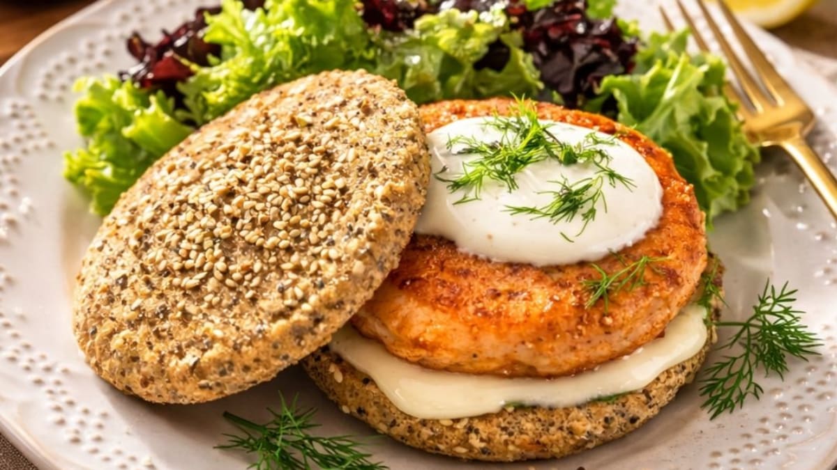 Imagem ilustrativa da receita HAMBÚRGUER DE SALMÃO COM CREME AZEDO EM PÃO LOW CARB