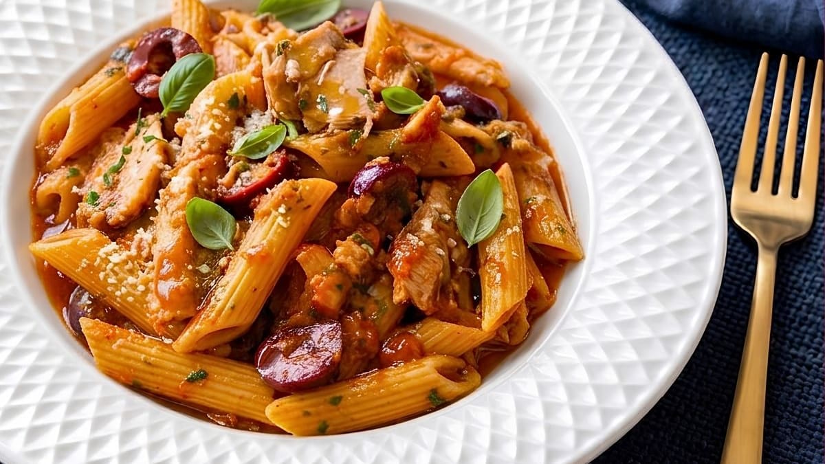 Imagem ilustrativa da receita MACARRÃO COM SARDINHA, TOMATE E AZEITONA RÁPIDO