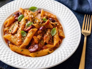 Imagem ilustrativa da receita MACARRÃO COM SARDINHA, TOMATE E AZEITONA RÁPIDO