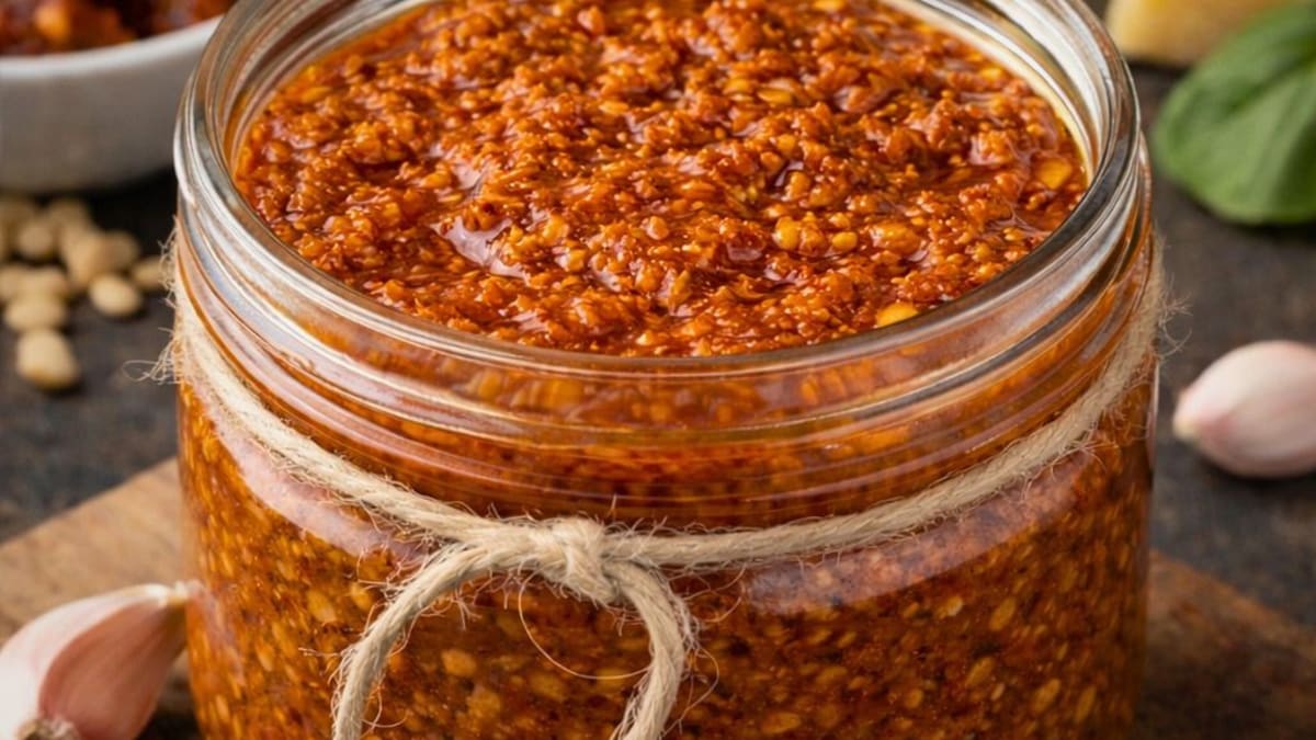 Imagem ilustrativa da receita MOLHO PESTO DE TOMATE SECO FÁCIL E CASEIRO