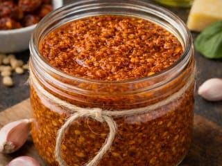 Imagem ilustrativa da receita MOLHO PESTO DE TOMATE SECO FÁCIL E CASEIRO