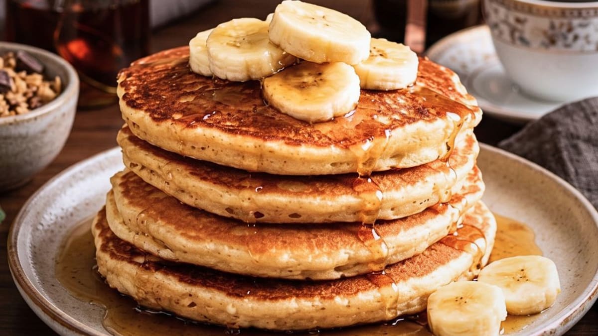 Imagem ilustrativa da receita PANQUECA AMERICANA SAUDÁVEL DE BANANA COM AVEIA SEM GLÚTEN