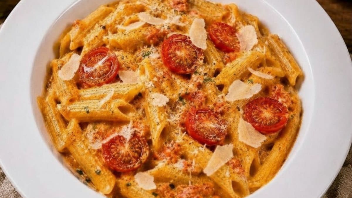Imagem ilustrativa da receita PENNE AO PESTO CREMOSO DE TOMATINHOS