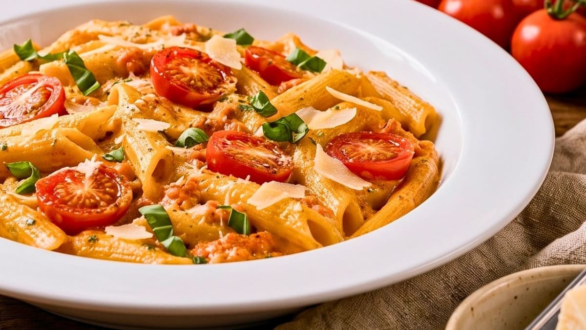 Imagem ilustrativa da receita PENNE AO PESTO CREMOSO DE TOMATINHOS