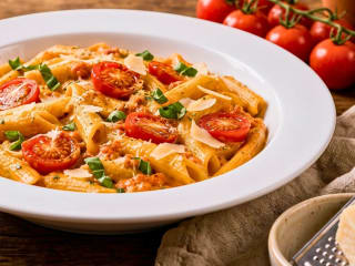 Imagem ilustrativa da receita PENNE AO PESTO CREMOSO DE TOMATINHOS