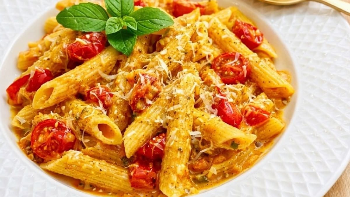 Imagem ilustrativa da receita PENNE RÁPIDO COM MOLHO CREMOSO DE TOMATE E MANJERICÃO