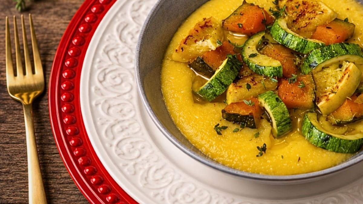 Imagem ilustrativa da receita POLENTA COM ABÓBORA, ABOBRINHA E LARANJA ASSADAS