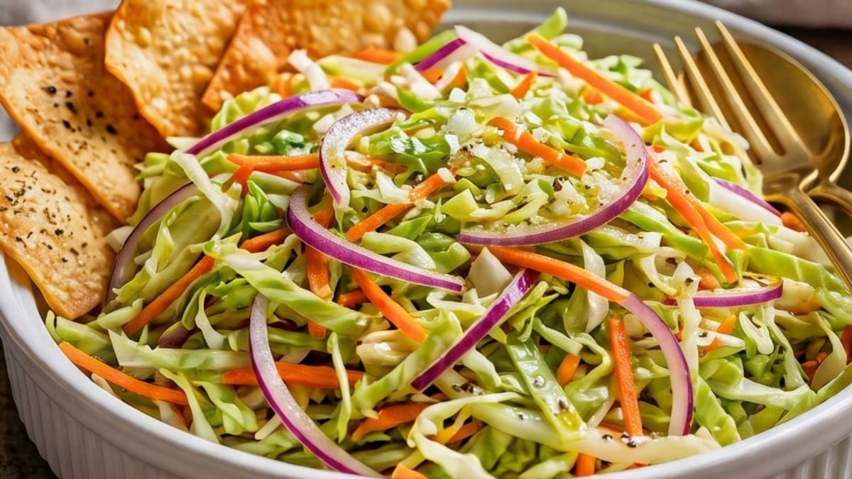 Imagem ilustrativa da receita SALADA DE REPOLHO COM VINAGRETE E CHIPS DE PASTEL