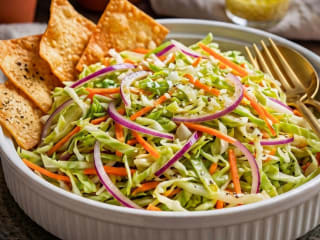 Imagem ilustrativa da receita SALADA DE REPOLHO COM VINAGRETE E CHIPS DE PASTEL