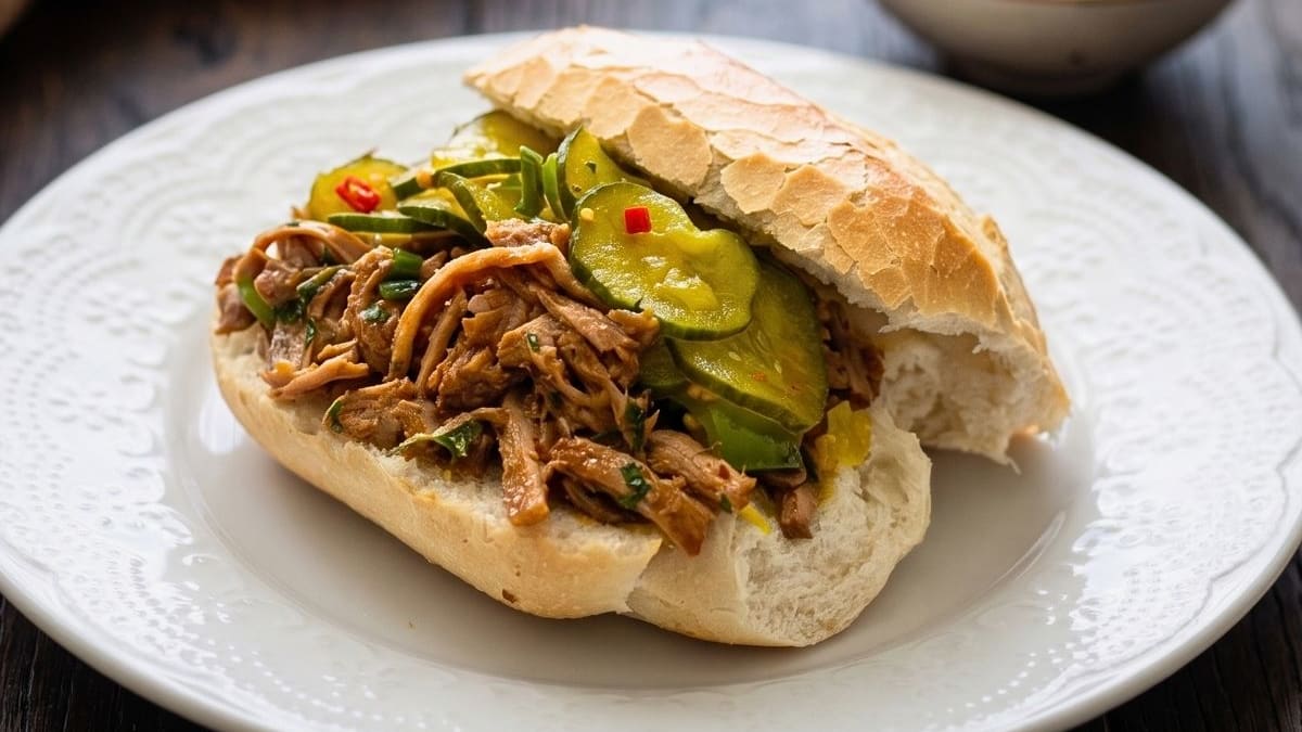 Imagem ilustrativa da receita SANDUÍCHE DE FILÉ MIGNON SUÍNO DESFIADO COM RELISH DE PEPINO