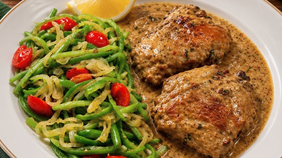 Imagem ilustrativa da receita SOBRECOXAS DE FRANGO AO MOLHO COM ESPAGUETE DE VAGEM