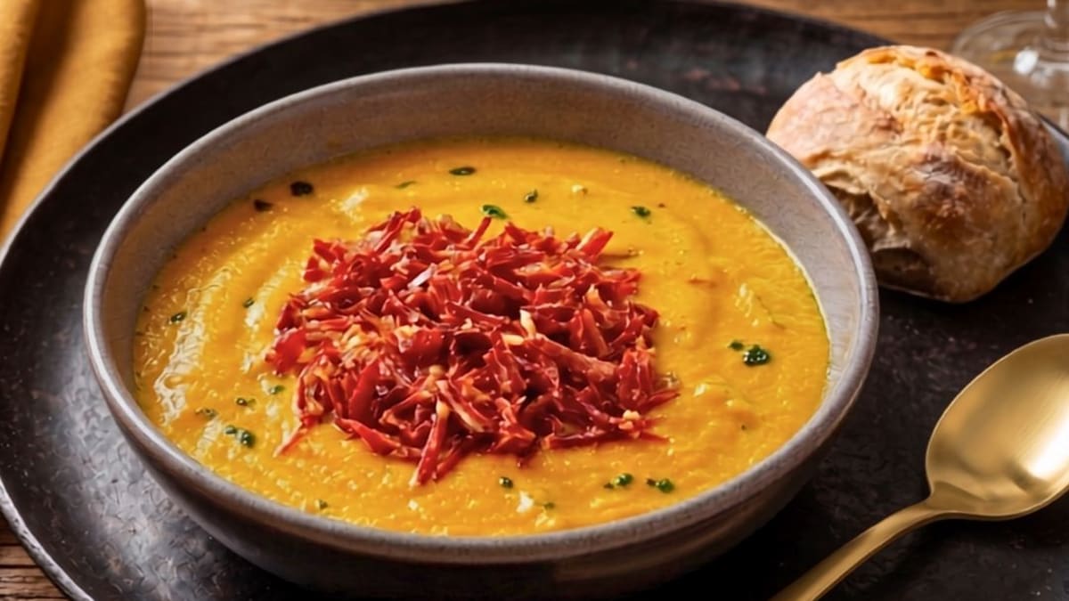 Imagem ilustrativa da receita SOPA DE ABÓBORA CREMOSA NA AIRFRYER COM CARNE SECA